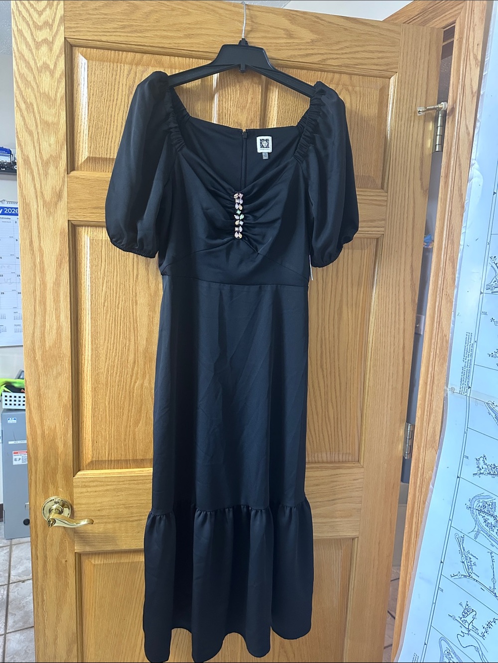 Anne Klein Black Midi Dress with Puff Sleeves and Jewel Embellishment